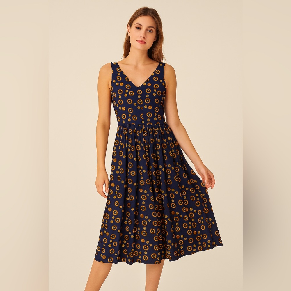 SAINT GERALDINE Navy Orange Gold Geometric Floral Patterned‎ Dress Sz S
